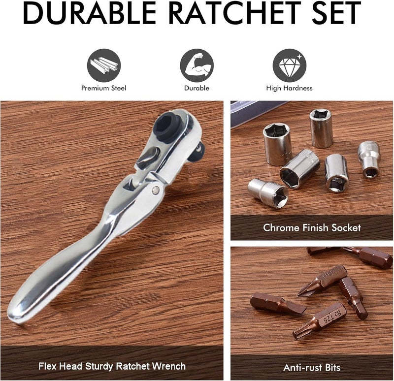 COTOUXKER Mini ratchet screwdriver Set, Right Angle Screwdriver set with 1/4 Mini Flex Ratchet Wrench and Bits Sockets for Tight Spaces(Ratchet wrench with bits and socket) - Image 4